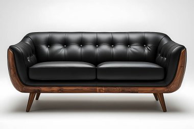 Şık bir siyah deri kanepe, temiz beyaz bir arka plana karşı sergileniyor, zarif tasarımını ve lüks görünümünü tamamlayan zengin ahşap süslemesini vurguluyor..