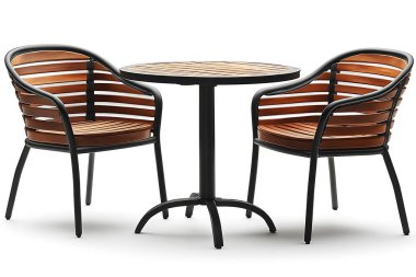 Özet olarak, yuvarlak ahşap bir masa ve siyah metal çerçeveli iki ahşap kaplama sandalyeden oluşan basit bir yemek seti..