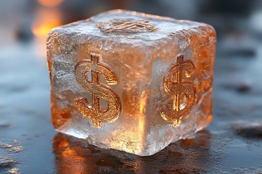 Yansıtıcı bir yüzeyde erimeye başlayan ve dondurulmuş varlıkların geçici güzelliğini yakalayan altın tonda buz kaplı dolar sembollerinin makro görüntüsü..