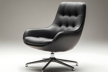 Modern koltukların özünü yakalayan bu resimde parlak siyah deri bir koltuk, ince detaylar ve belirgin krom tabanlı, somut minimalist entelektüellik sergileniyor..