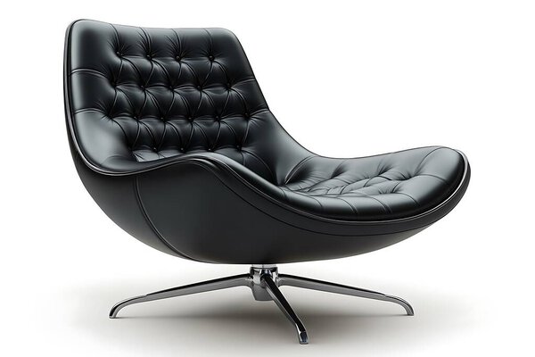 Contemporary interior showcase a black leather accent chair with a low-profile, button-tufted design, complemented by a sleek chrome base, isolated on a crisp white background.