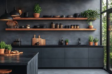 İç görünüş, koyu gri dolaplar ve ahşap raflar sergilenen çeşitli çömlekçilik, bitkiler ve çeşitli sarsıcı eşyalar içeren modern bir mutfak sergiliyor..