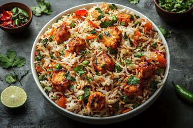 Göz hizasında çekimler canlı Hint pilavı taze paneer küpleri, taze kişniş, biber ve havuç içeriyor. Seyircileri lezzetli bir vejetaryen yemek deneyimine davet ediyor..