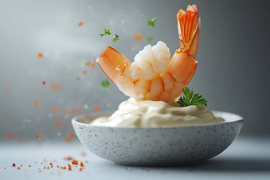 Pişmiş karidesi titizlikle kremalı bir sosun üzerine yerleştiren, yüzen bitkiler ve baharatlarla geliştirilmiş, hepsi benekli bir seramik kasede yumuşak bir arkaplanda sunulan iştah açıcı bir çekim..