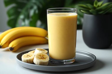 Parlak ve davetkar bir görüntü, gri bir tabakta yeni hazırlanmış muz kokteyli ile dolu uzun bir bardak sergiler. Birkaç dilim muz smoothie 'nin yanında oturur, arkasında muzlar vardır..