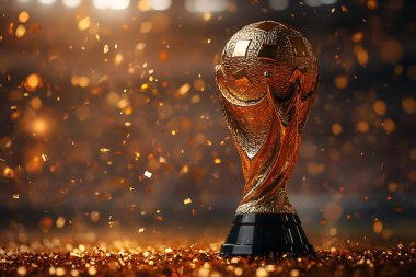 Kutlama görüntülerinde, arka planda bulanık bir konfeti, spor ve başarı temaları için ideal bir konfetiye vurgu yaparak ılık ışıkla yıkanmış bir altın dünya kupası sergileniyor..