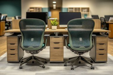Sahne, iyi ışıklandırılmış, çağdaş bir ofiste çift monitörlü ahşap masalara bakan iki ergonomik sandalye yakalıyor ve organize bir üretkenlik ve rahatlık hissi veriyor..