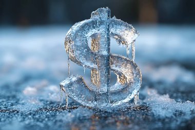 Buz mavisi bir dolar para birimi sembolü soğuk, karanlık bir yüzey üzerinde duruyor. Arkaplanda küçük buz saçakları asılı duruyor..