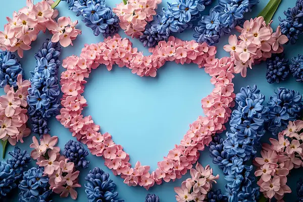 Çiçek aranjmanı yumuşak pembe sümbül çiçekleri sergiliyor kalp şeklinde, mavi sümbül kümeleriyle çevrelenmiş, açık mavi bir arkaplan, üst görünüm.