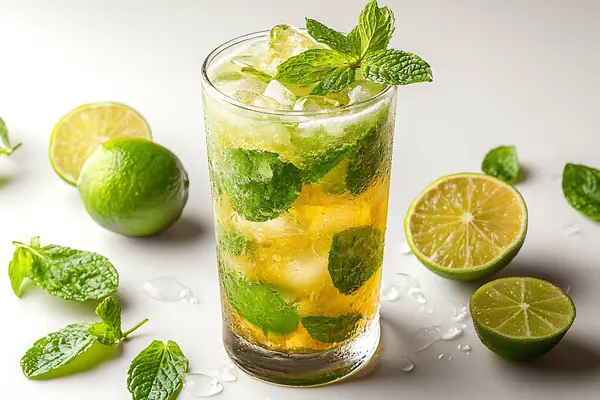 Kompozisyonda, uzun bir bardakta ferahlatıcı bir içecek, bol miktarda taze nane filizleri, ezilmiş buz ve temiz beyaz yüzey üzerindeki cazibesini artıran dağınık kireç parçaları yer alıyor..