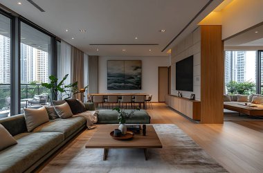 Geniş, çağdaş yaşam alanı geniş bir bölüm kanepesi, ahşap bir sehpa ve zarif bir yemek alanı sergiliyor; parlak şehir manzarası odayı suyla dolduruyor.