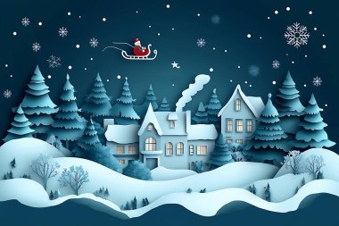 Kağıt kesimi Noel Baba kızağının karlı bir gecede üstümüzde uçtuğu Noel Baba tarzı manzara, kış harikalar diyarı tatil neşesini ve huzur dolu huzuru çağrıştırıyor.