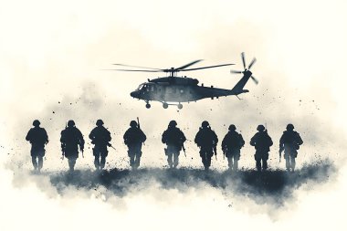 Dramatik bir illüstrasyon, bir grup askerin arka planda bir helikopterle izleyiciye doğru kasıtlı olarak yürüdüğünü gösteriyor.