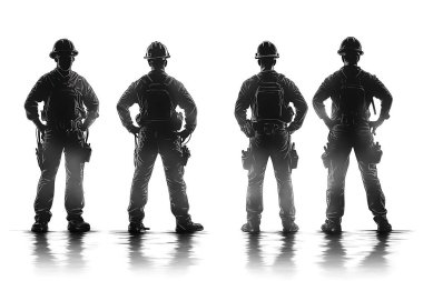 Dört inşaat işçisi tek renkli bir siluette sunuluyor. Elleri kalçalarında güvenle duruyorlar. Görüntü yansıyan bir yüzey, altlarında ayna etkisi yaratıyor.