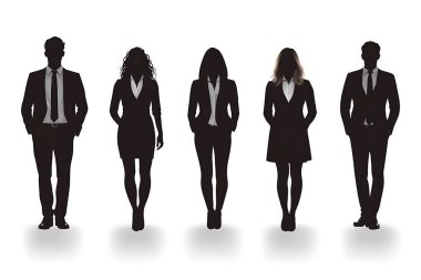 Beş iş adamının siluetleri beyaz bir arkaplana karşı duruyor. Takım elbiseli kadın ve erkeklerin yer aldığı bu farklı grup, modern işgücünün kurumsal liderliğini ve başarısını temsil ediyor.
