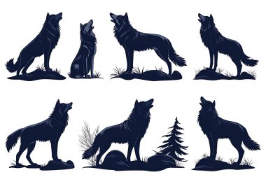 Çeşitli pozlarda uluyan kurt silueti koleksiyonu kayaların ve tepelerin üzerinde duruyor. Vahşi yaşam ve doğa temaları için mükemmel bir vektör illüstrasyon tasarımı.