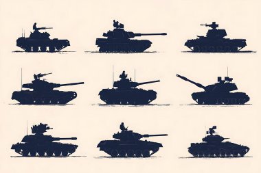 Bu resimde dokuz eşsiz tank silueti tasvir edilir bir ızgara formasyon karşısındaki krem arkaplan karşı Bu bir klasik askeri grafik tasarımı hissi uyandırır