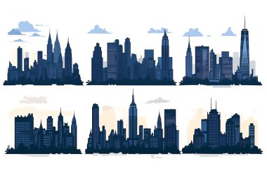 Altı farklı New York şehri silueti Empire State binası gibi simgeleşmiş simgeler sergiliyor ve bir dünya ticaret merkezi şık bir mavi palette sunuluyor.