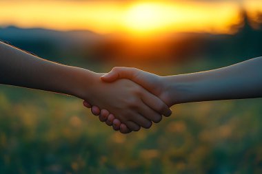 İki birey canlı bir günbatımına karşı tokalaşıyor, ortaklığı, işbirliği ve karşılıklı anlaşmayı simgeliyor. Bu imaj güven, bağlantı ve doğal bir arkaplan karşısında ortak bir başarı hissi uyandırıyor.
