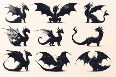 Dokuz farklı siyah ejderha silueti sergilenmektedir, her biri çeşitli poziyonlar ve kanat konfigürasyonları sergileyerek, hafif bir arka plana karşı vektör çizimleri olarak oluşturulmuştur.