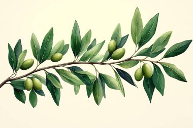 Narin suluboya çizimleri canlı yeşil yapraklar ve olgun zeytinlerle süslenmiş bir zeytin dalı gösteriyor. Bu, doğanın tazeliğini ve Akdeniz manzarasını çağrıştırıyor.