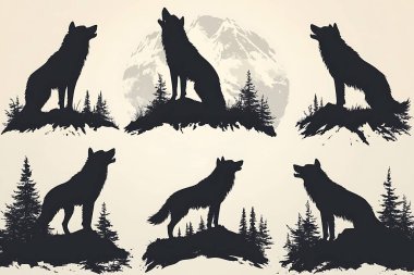 Siyah siluet çizimleri, logolar, baskılar veya tasarımlar için uygun, dolunay, kayalık arazi ve sonsuz yeşil orman vektör biçimine sahip bir zemin üzerinde uluyan kurtları gösterir.