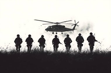Siluetli askerler otlak bir alanda, bu dramatik monokrom sahnesini indirmeye hazırlanan bir helikoptere doğru ilerlerken askeri harekat, asker konuşlanma ve taktik manevralar temaları anımsatıyor.