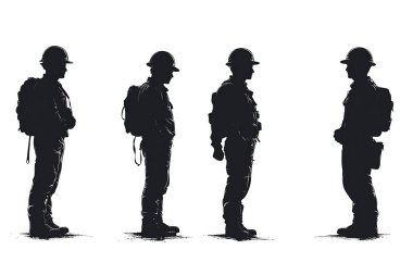 Bu vektör görüntüsü, askeri üniformalar ve sırt çantaları giyen askerlerin dört siyah siluetini sunuyor. Temiz beyaz bir zemin üzerinde yan yana duruyorlar.