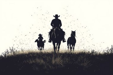 Atlara binen kovboyların stilize edilmiş silueti, parlak bir gökyüzüne karşı dizilmiş, çimenli bir tarlada hareket eden at sırtındaki batılı figürleri tasvir eder.