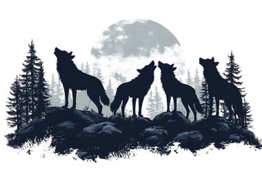Bir vektör çizimi, çam ormanıyla çevrili kayalık bir tepede aya uluyan dört siluetli kurdun gizemli bir gece sahnesi yarattığını gösteriyor.