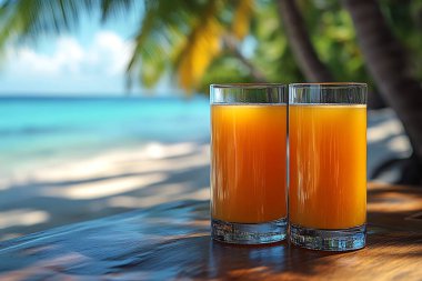 İki bardak portakal suyu ahşap bir masada oturur, arka planda güzel bir turkuaz deniz ve palmiye ağaçları vardır, mükemmel bir plaj tatili anını yakalar.