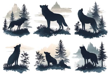 Altı siluet kurt, sisli dağ ve çam ağacı arkaplanlarına karşı farklı pozlarda sergilenir. Bunlar vektör formatında beyaz olarak izole edilmiştir. Çeşitli tasarım projeleri için mükemmeldir.