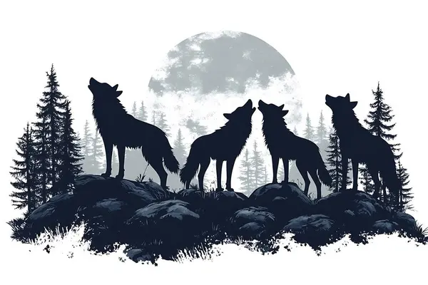 Bir vektör çizimi, çam ormanıyla çevrili kayalık bir tepede aya uluyan dört siluetli kurdun gizemli bir gece sahnesi yarattığını gösteriyor.