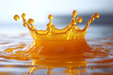 Dinamik bir stüdyo çekimi canlı bir turuncu sıvı sıçraması yakalar, donmuş havada yüksek hız fotoğrafçılığı Crownstyle damlacıklarının ve akan sıvının karmaşık detaylarını ortaya çıkarır.