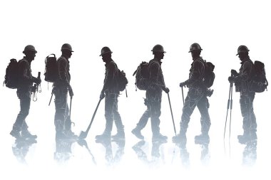 Silüet illüstrasyonu, ekipmanlarıyla yürüyen bir grup orman itfaiyecisinin takım çalışmalarını, dayanıklılıklarını ve orman korumaya olan bağlılıklarını vurgulayan beyaz bir arkaplanı yansıtıyor.