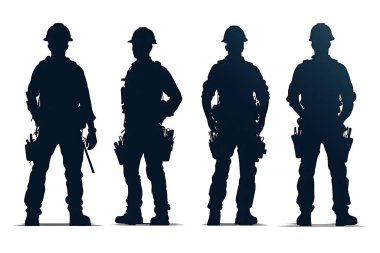 Bu vektör illüstrasyon, inşaat işçilerinin siluetlerini tasvir eder. Her işçi, ticaret ve meslekleri için gerekli ekipmanlarla dolu bir şapka ve alet kemeri takar.