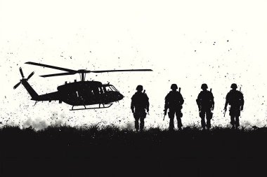 Vektör illüstrasyonunda bir askeri harekat helikopterinin güçlü bir silueti gösteriliyor. Askerler çimenli bir alanda harekete geçmeye hazırlanırken.