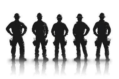 Beş inşaat işçisi veya elektrikçi siluette duruyor, sabit başlık ve alet kemeri takıyor ve imajda inşaat, bakım veya onarım görevlerine hazır profesyonel bir işgücü görülüyor.