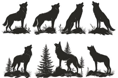 Vektör illüstrasyonu çoklu siluetli kurtları gösteriyor, başları geriye doğru eğik, küçük yeşil ağaçlar ve kaya oluşumları doğayı, vahşi yaşamı ve sürü hayvanlarını temsil eden vahşi doğada uluyor.