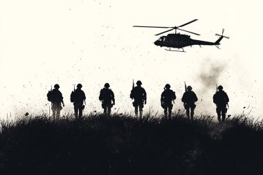 Bir grup askerin silüeti, savaş alanında dumanlı ve dramatik bir etkiye sahip bir askeri harekatı resmeden bir helikopterle bir tarlada yürümeleri.