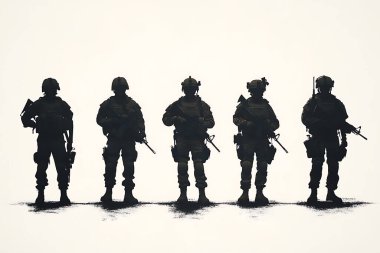 Siluetli illüstrasyon, beş askerin tam teçhizat ayakta durduğunu gösteriyor. Silahlı kuvvetler savaşa ya da göreve hazırlar. Anonimlikleri güçlü bir mesaja katkı sağlıyor.