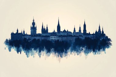 Prag şehrinin siluetinin detaylı bir silueti sanatsal suluboya dokusu olarak yansıtılır, görsel olarak çarpıcı ve barışçıl tek renkli mavi bir manzara yaratır.