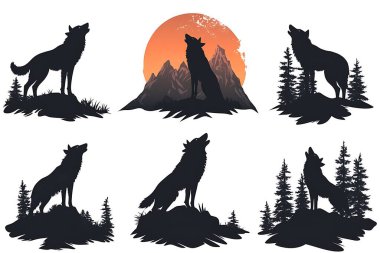 Ay 'a uluyan kurt siluetlerini gösteren bir vektör illüstrasyonunda set çeşitli dağ manzaraları, ağaçlar ve klasik grunge elementleri içeriyor, hepsi de beyaz bir arka planda izole edilmiş.