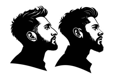 İki şık erkek silueti, biri temiz tıraşlı bir yüz, diğeri de sakallı. Moda, grafik tasarımı ya da erkeksi ve modern estetik gerektiren markalaşma projeleri için mükemmel. Siyah ve siyah olarak yüksek kaliteli vektör illüstrasyonu