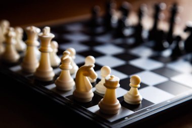 Satranç tahtasının parçaları ata seçici bir yaklaşımla yerleştirilmiş.