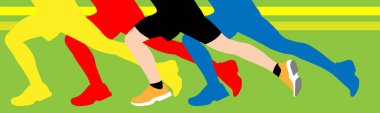 Farklı renkte yarışan koşucular, vektör illüstrasyonu. Spor ve hız konsepti. Bacaklar çalışıyor