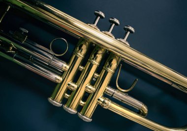 Ön planda altın bir trompetin üst görüntüsü ve koyu arkaplan