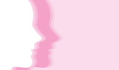 Pembe düz arkaplan üzerinde beyaz ve pembe tonlarda kadın profili silueti tasarımı, hassas vektör illüstrasyonu ve kopyalama alanı