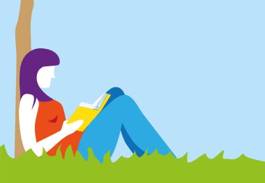 Çayır bir ağacın altında oturmuş, huzurlu ve rahatlatıcı doğal bir ortamda kitap okumaktan zevk alan genç bir kadının renkli bir tasviri.