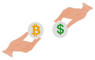 Bitcoin ve dolar sembolü el vektör çiziminde. Ticaret, kripto para ve iş dünyasının finansal konsepti